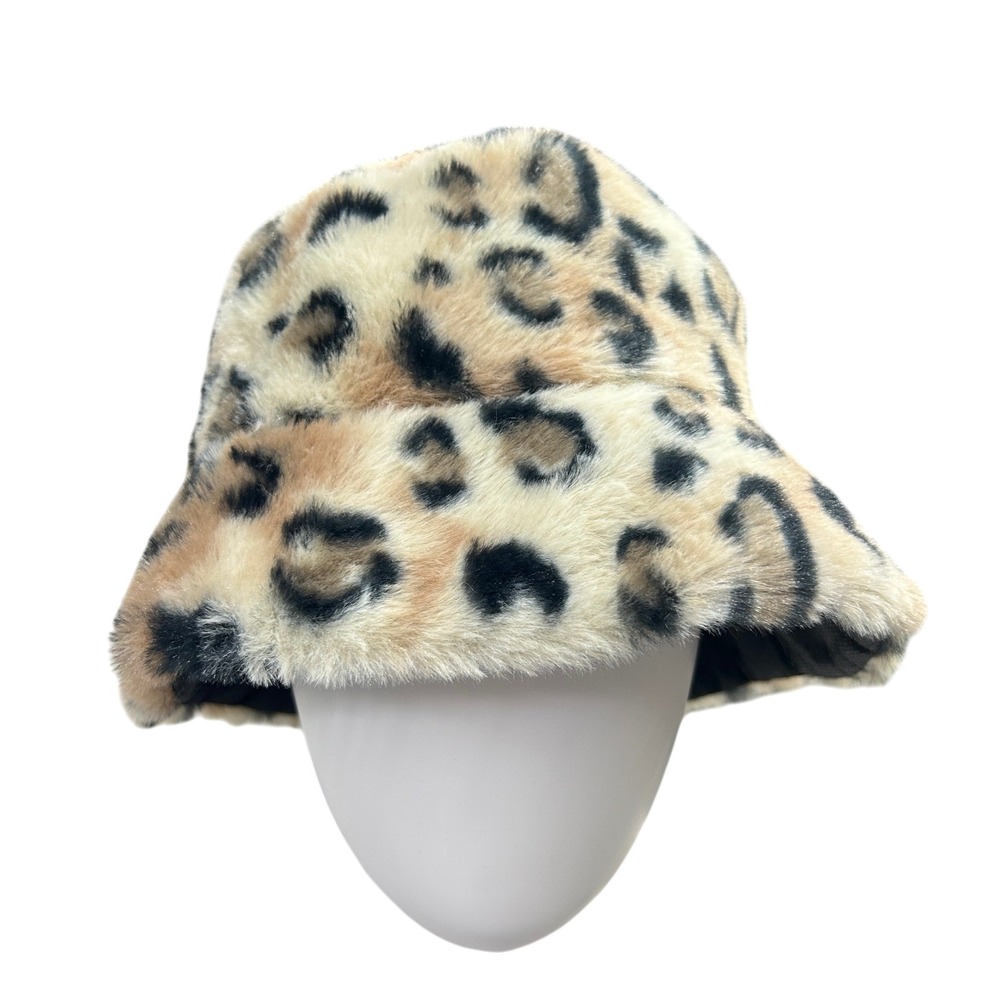 Y2K Leopard Print Faux Fur Bucket Hat One Size Tan‎ Black Mob Wife Indie Sleaze
